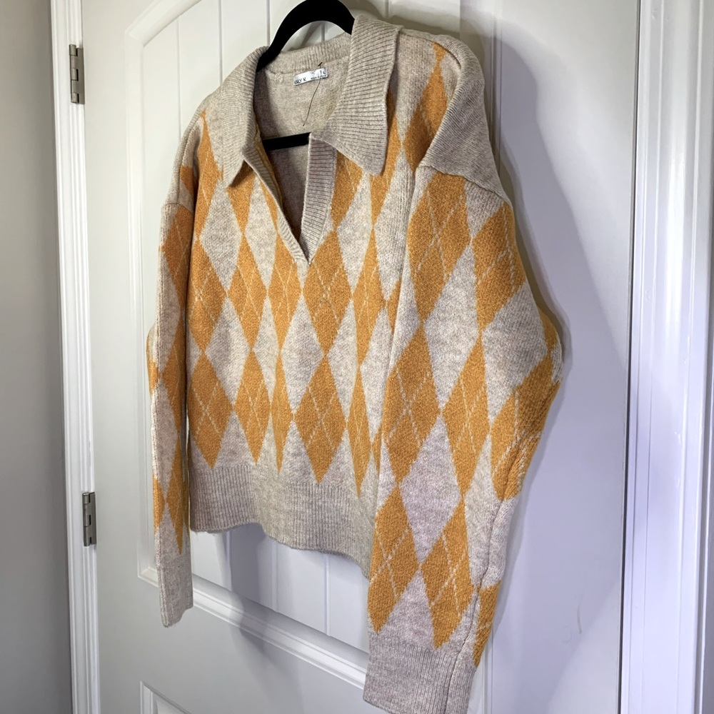 Kaily K Argyle Mustard Yellow Pullover V-neck Sweater Size Large - Picture 4 of 7